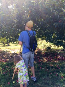 Husband and daughter picking apples in Virginia.